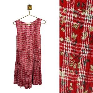 Vintage 90s Express Red Romper Jumpsuit Button Front Pockets Plaid Floral 9/10 M